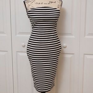 EXPRESS Midi DRESS BLACK & WHITE Strapless "Breton" Stripe Nautical Sailor-core